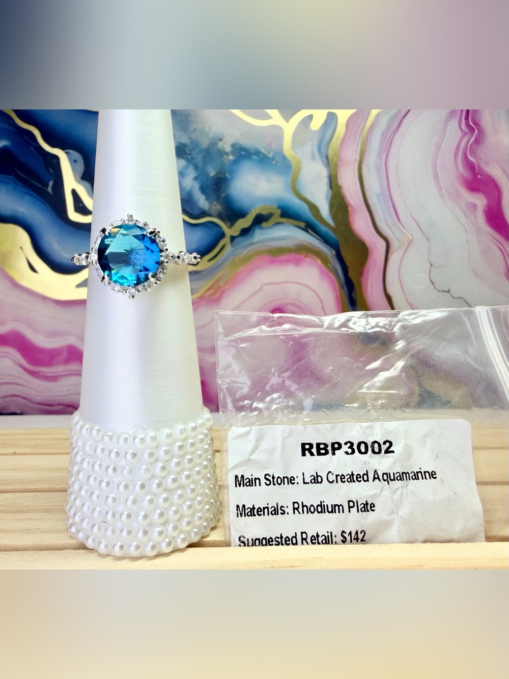 RETRO Bomb Party Ring- Aquamarine on Rhodium- Size 9, RBP3002